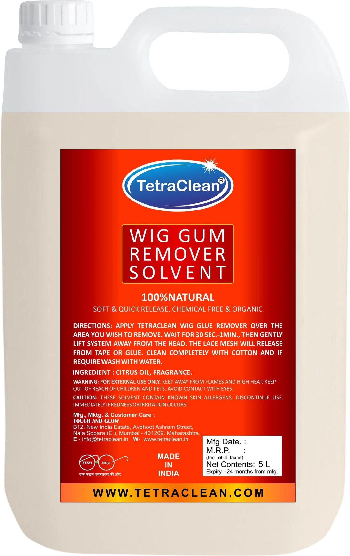 TetraClean Wig Gum Remover Solvent | Gentle & Fast-Acting - 5L
