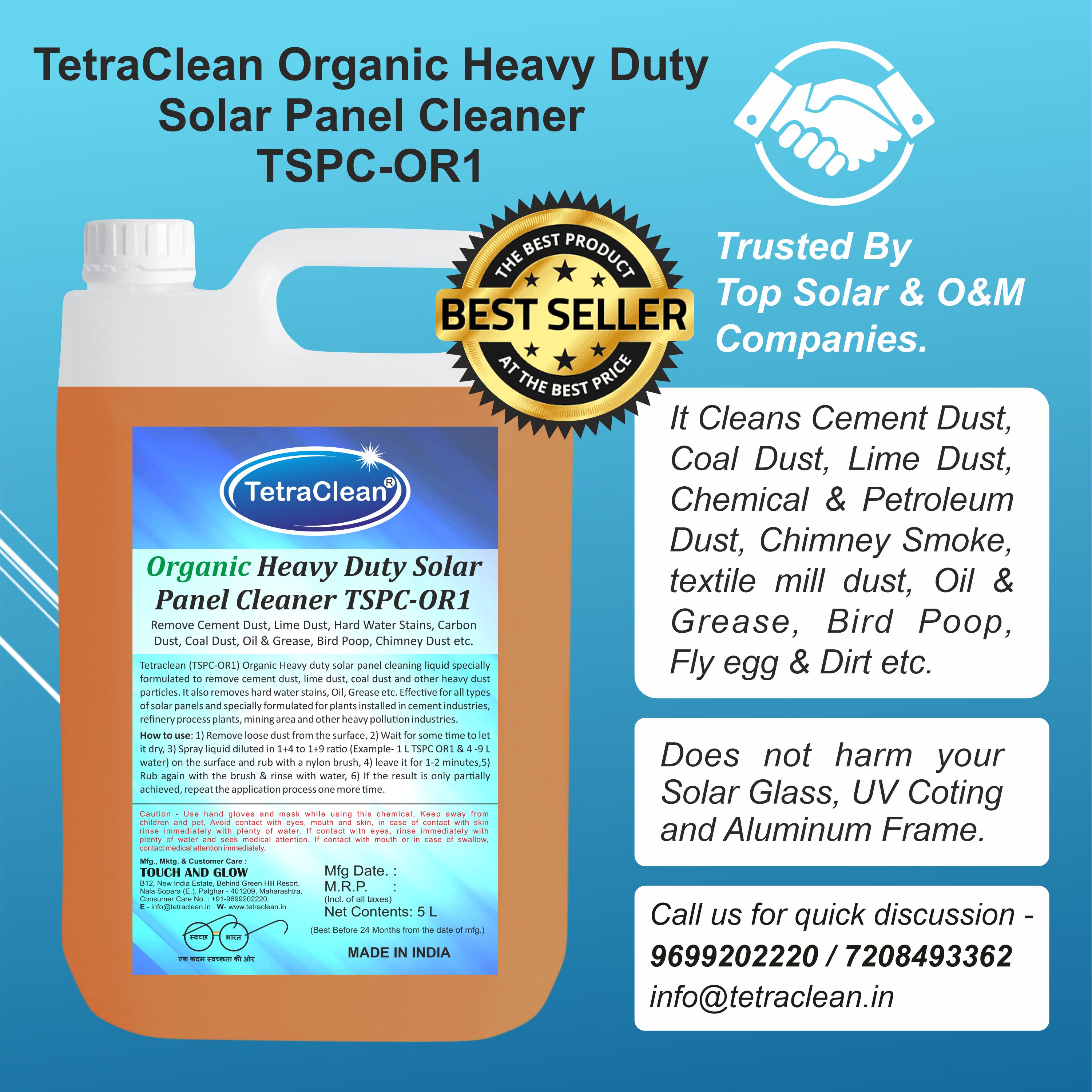 Organic Solar Panel Cleaner TSPC OR1 Remove Cement, Lime, Hard Water, Carbon, Coal, Bird Poop