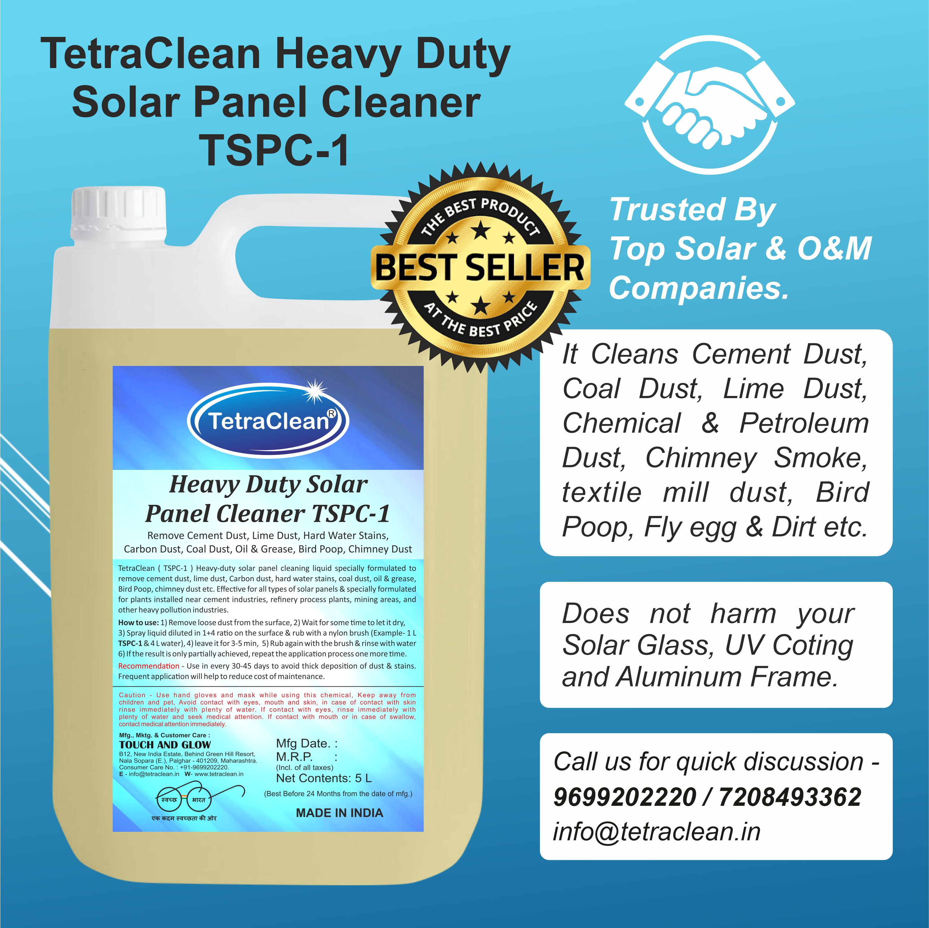 TetraClean Solar Panel Cleaner TSPC1 Remove Cement, Lime, Hard Water, Carbon, Coal, Bird Poop